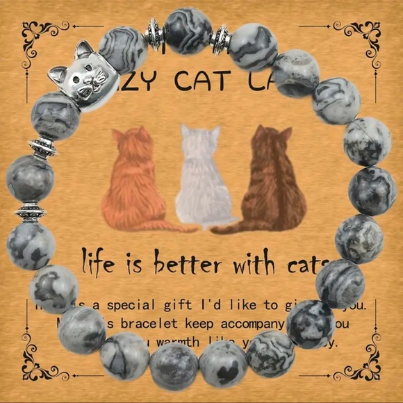 Jewelry - ⚡️ NIP Grey Beads Crazy Cat Lady Stretch Bracelet